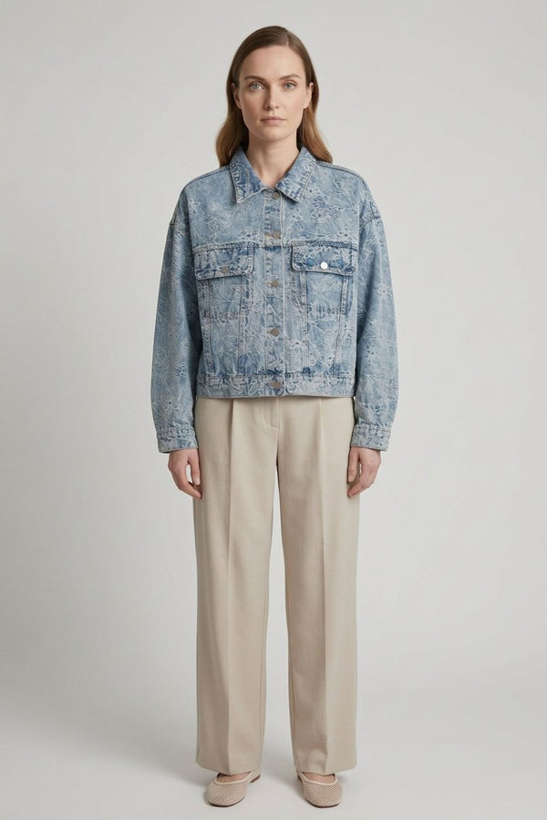 Blue | Floral Embroidered Relaxed Denim Jacket
