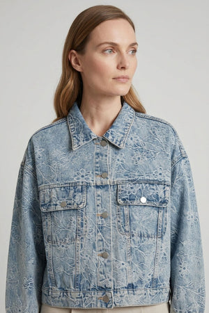 Blue | Floral Embroidered Relaxed Denim Jacket
