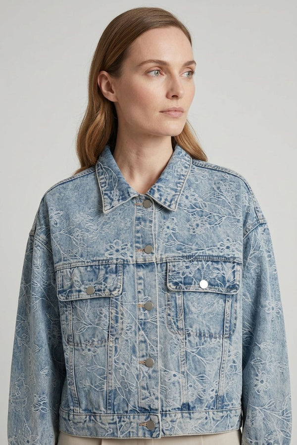Blue | Floral Embroidered Relaxed Denim Jacket
