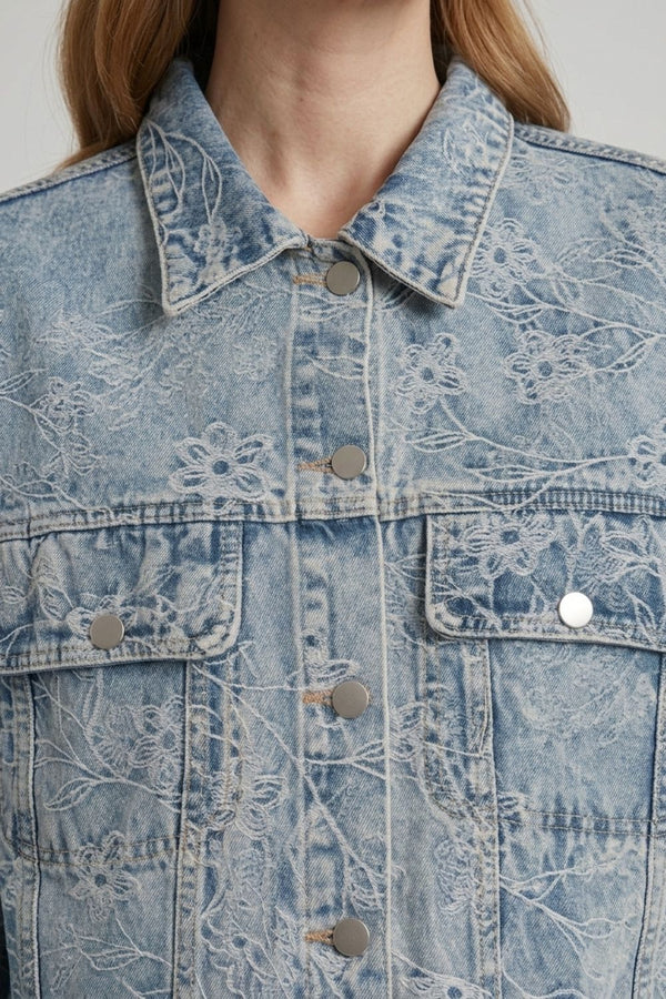 Blue | Floral Embroidered Relaxed Denim Jacket
