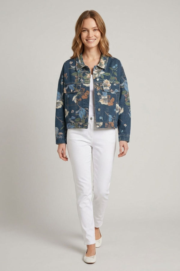 Blue | Floral Print Drop Shoulder Denim Jacket