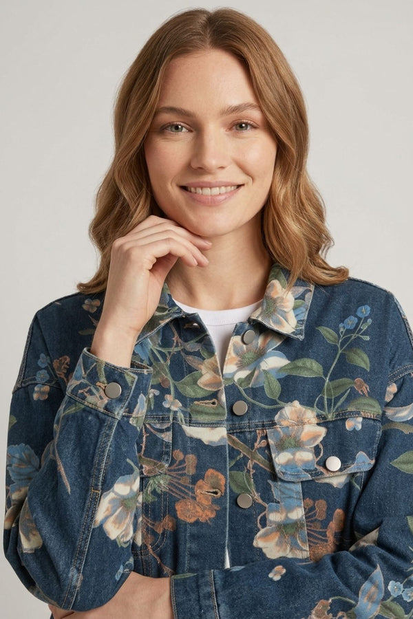 Blue | Floral Print Drop Shoulder Denim Jacket