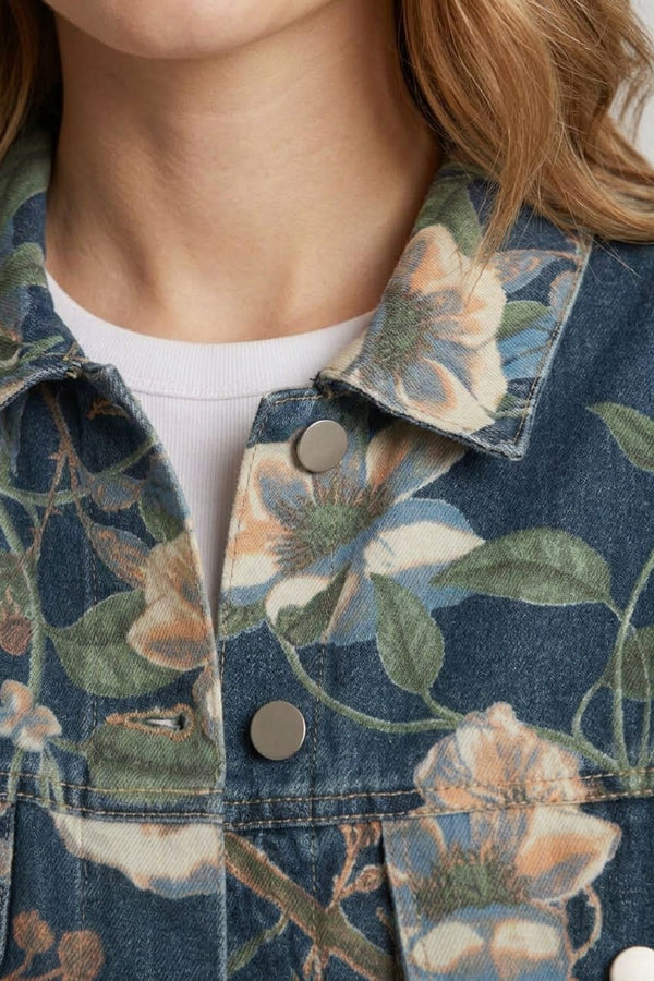 Blue | Floral Print Drop Shoulder Denim Jacket