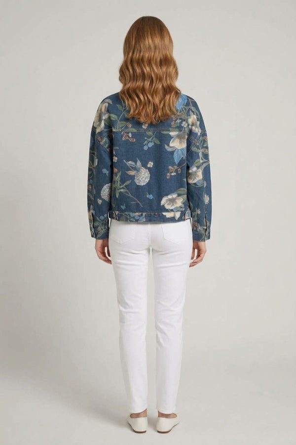 Blue | Floral Print Drop Shoulder Denim Jacket