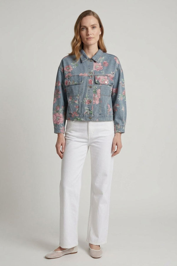 Blue | Floral Print Boxy Denim Jacket
