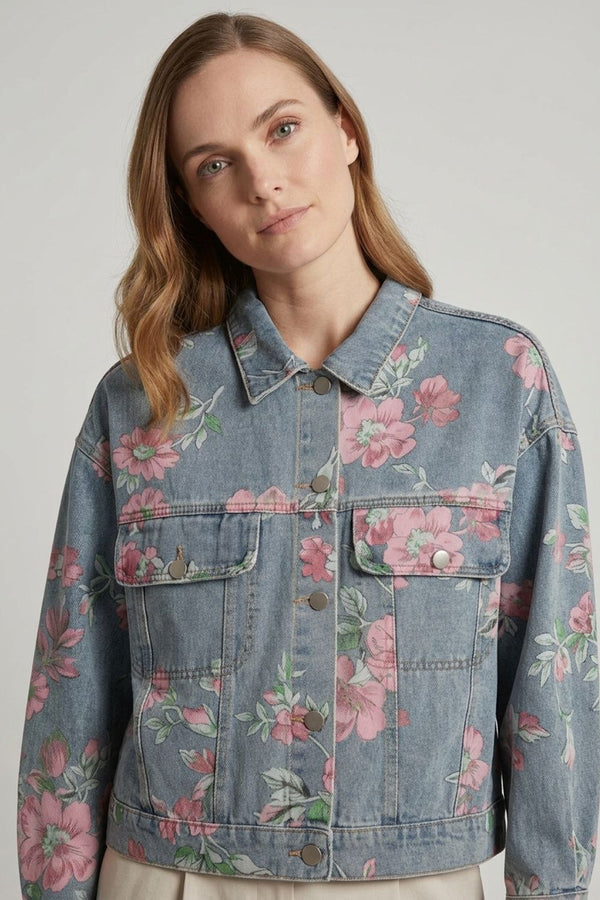 Blue | Floral Print Boxy Denim Jacket
