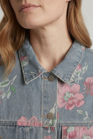 Blue | Floral Print Boxy Denim Jacket
