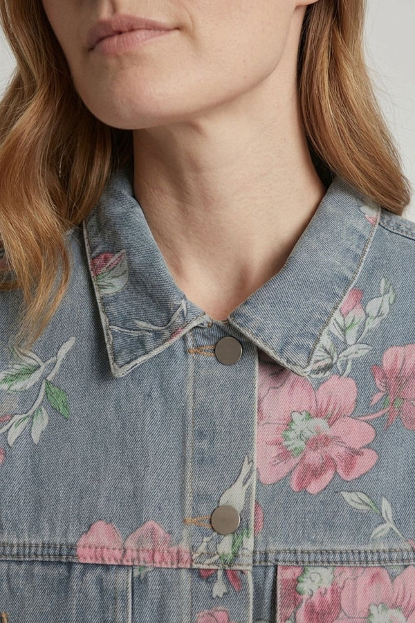 Blue | Floral Print Boxy Denim Jacket
