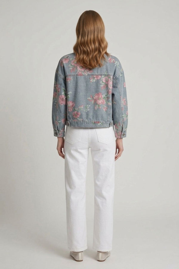 Blue | Floral Print Boxy Denim Jacket

