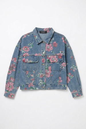 Blue | Floral Print Boxy Denim Jacket
