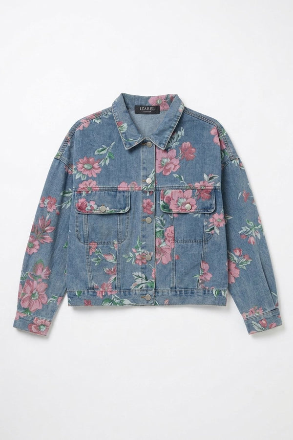 Blue | Floral Print Boxy Denim Jacket

