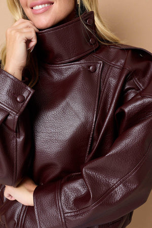 Brown | High Neck Asymmetric Faux Leather Jacket