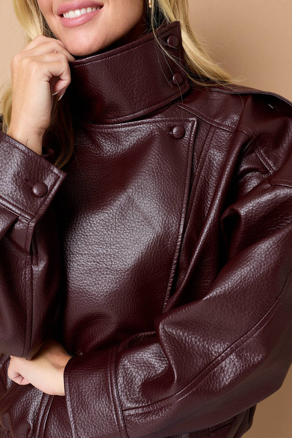 Brown | High Neck Asymmetric Faux Leather Jacket