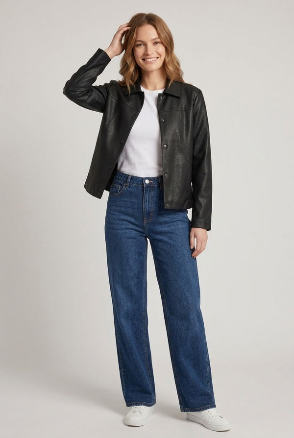 Black | Faux Leather Collared Boxy Jacket