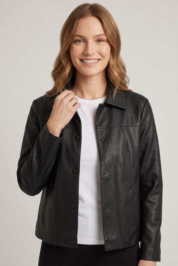 Black | Faux Leather Collared Boxy Jacket