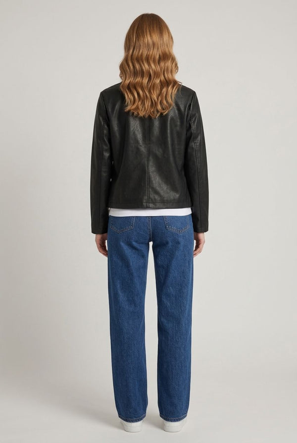 Black | Faux Leather Collared Boxy Jacket