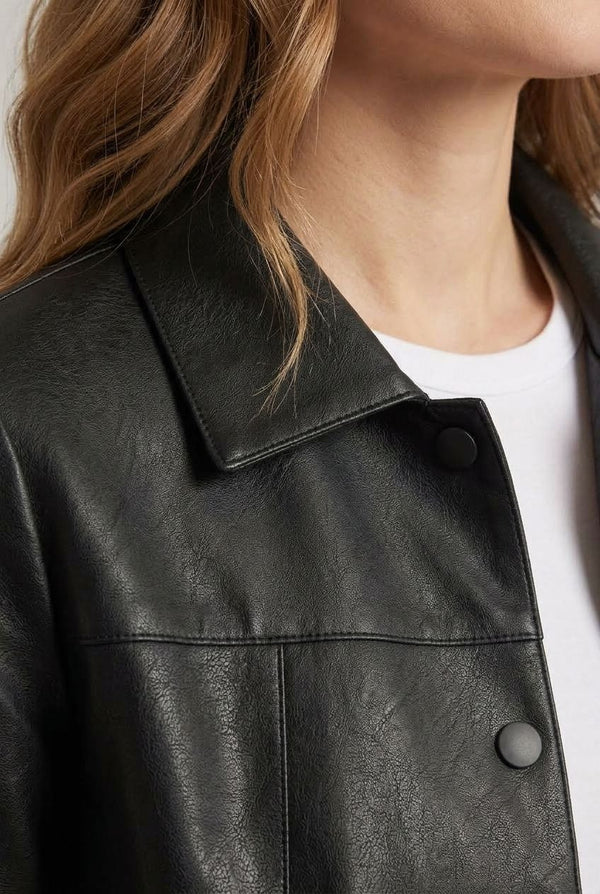 Black | Faux Leather Collared Boxy Jacket