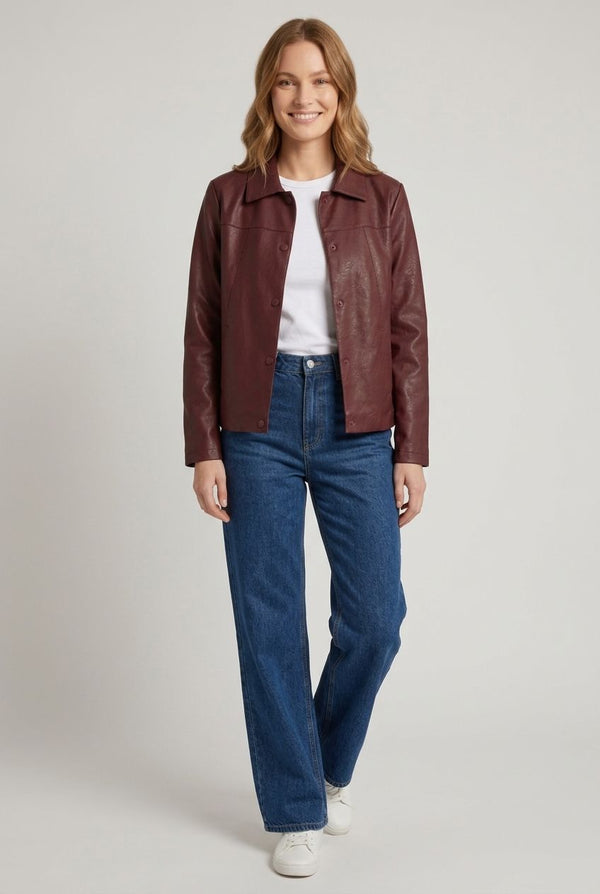 Burgundy | Faux Leather Collared Boxy Jacket
