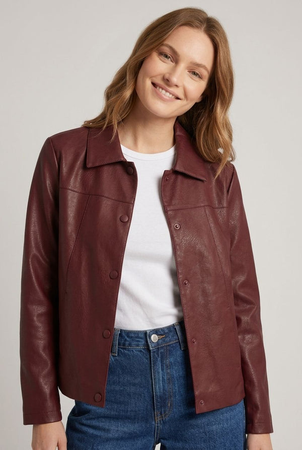 Burgundy | Faux Leather Collared Boxy Jacket