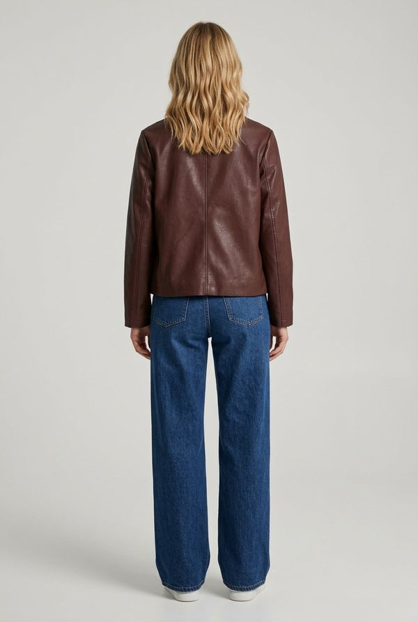 Burgundy | Faux Leather Collared Boxy Jacket