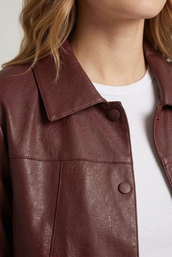 Burgundy | Faux Leather Collared Boxy Jacket