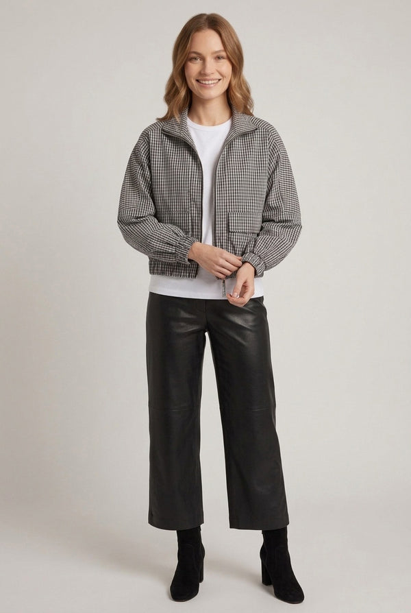 Black | Gingham Print Zip-Up High Neck Jacket