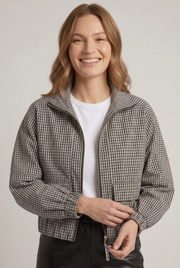 Black | Gingham Print Zip-Up High Neck Jacket