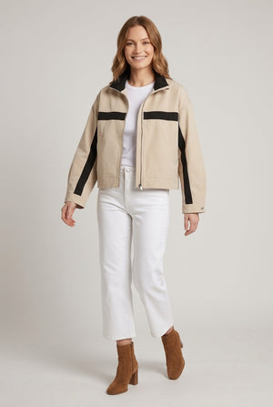 Beige | Collared Zip Front Boxy Jacket