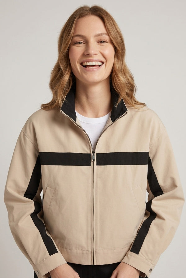 Beige | Collared Zip Front Boxy Jacket