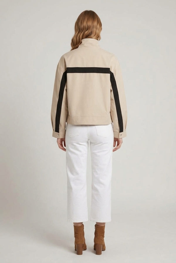 Beige | Collared Zip Front Boxy Jacket