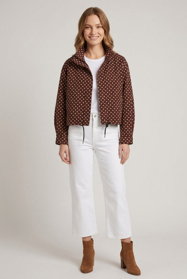 Brown | Polka Dot Drawstring Hem Zip-Up Jacket