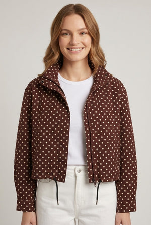 Brown | Polka Dot Drawstring Hem Zip-Up Jacket
