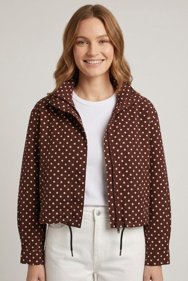 Brown | Polka Dot Drawstring Hem Zip-Up Jacket