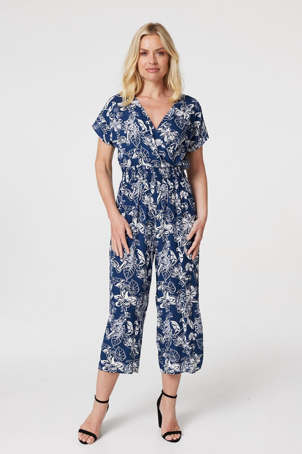 Navy | Floral V-Neck Cropped Jumpsuit