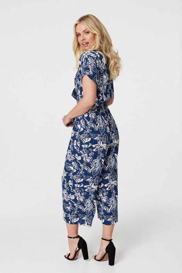 Navy | Floral V-Neck Cropped Jumpsuit