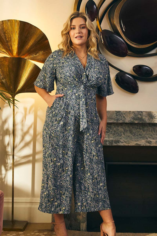 Navy | Printed Tie Front Wide Leg Jumpsuit