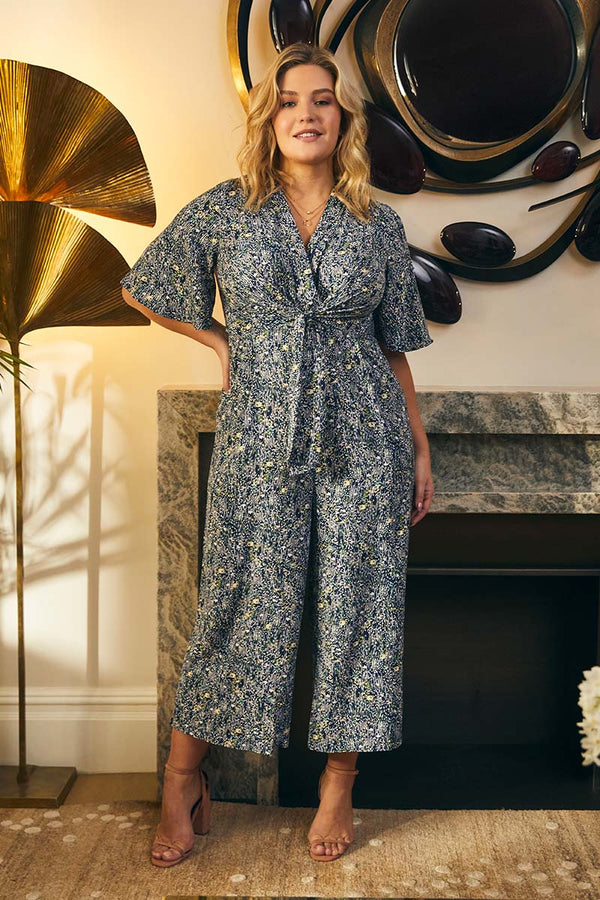 Navy | Printed Tie Front Wide Leg Jumpsuit