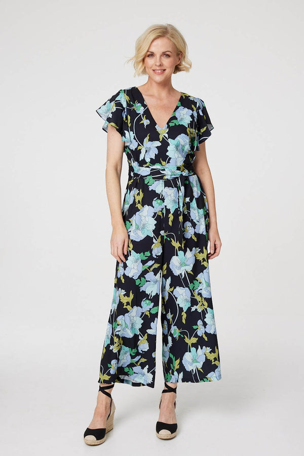 Black | Floral Cropped Wide Leg Jumpsuit