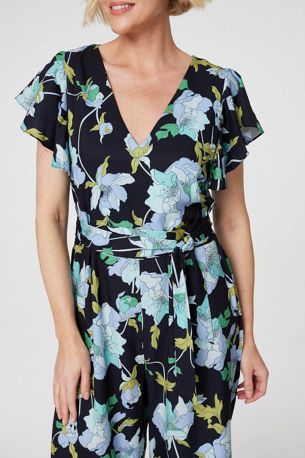 Black | Floral Cropped Wide Leg Jumpsuit