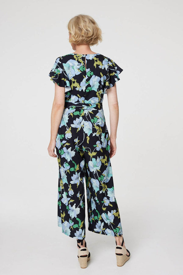 Black | Floral Cropped Wide Leg Jumpsuit