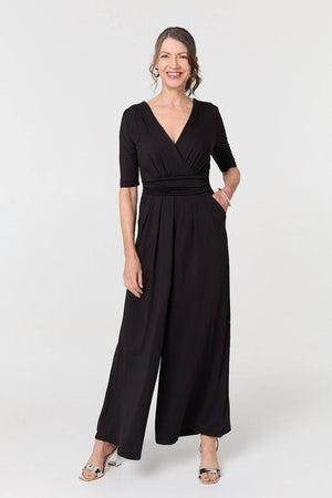 Black | 1/2 Sleeve Wrap Waist Wide Leg Jumpsuit : Model is 5'8