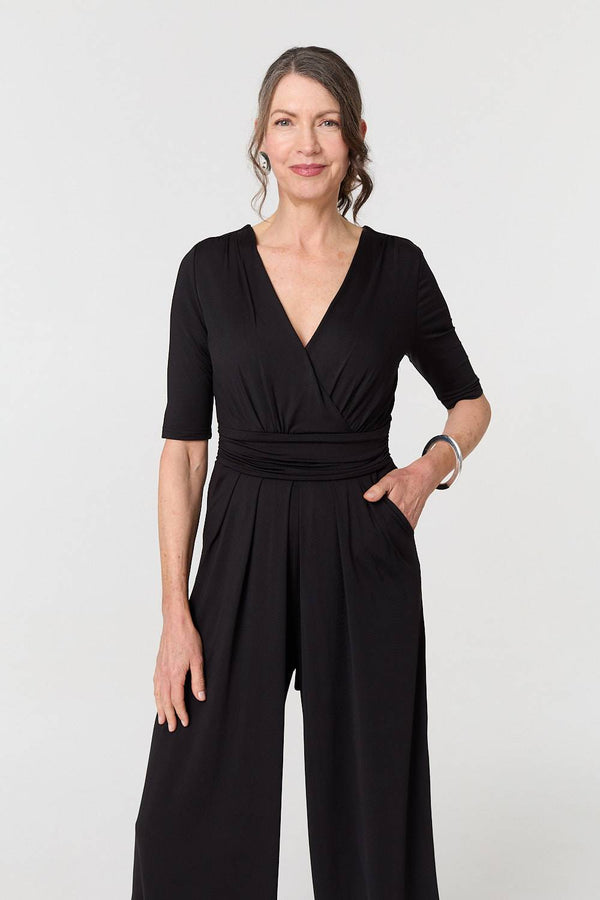 Black | 1/2 Sleeve Wrap Waist Wide Leg Jumpsuit
