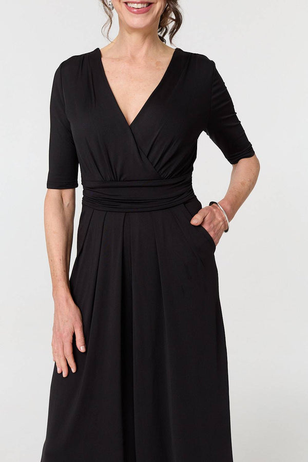 Black | 1/2 Sleeve Wrap Waist Wide Leg Jumpsuit
