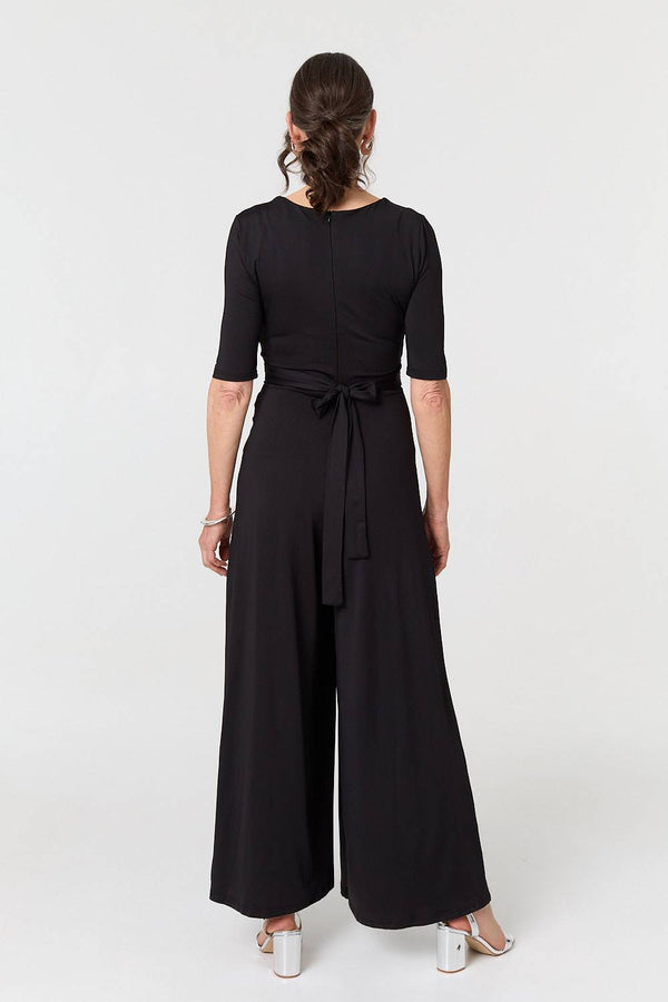 Black | 1/2 Sleeve Wrap Waist Wide Leg Jumpsuit
