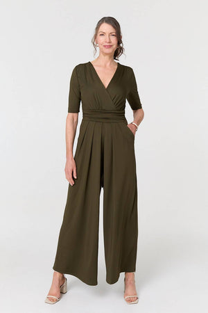 Khaki | 1/2 Sleeve Wrap Waist Wide Leg Jumpsuit : Model is 5'8