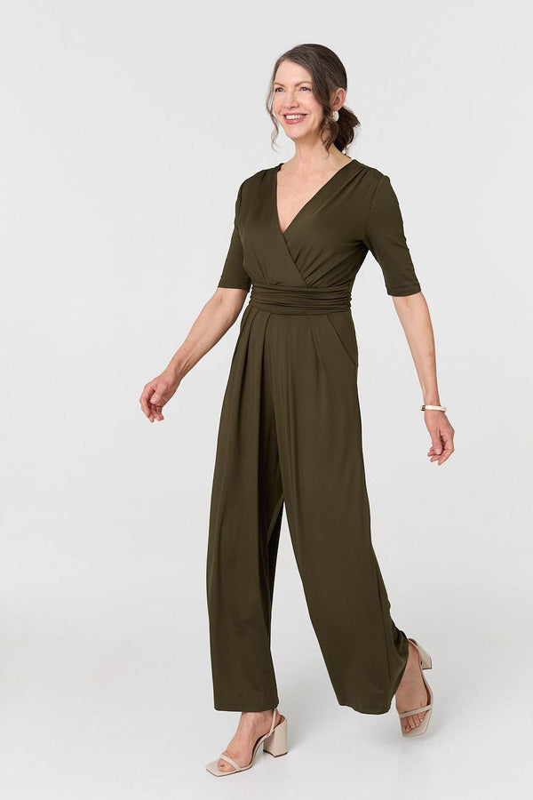 Khaki | 1/2 Sleeve Wrap Waist Wide Leg Jumpsuit
