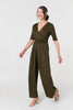 Khaki | 1/2 Sleeve Wrap Waist Wide Leg Jumpsuit
