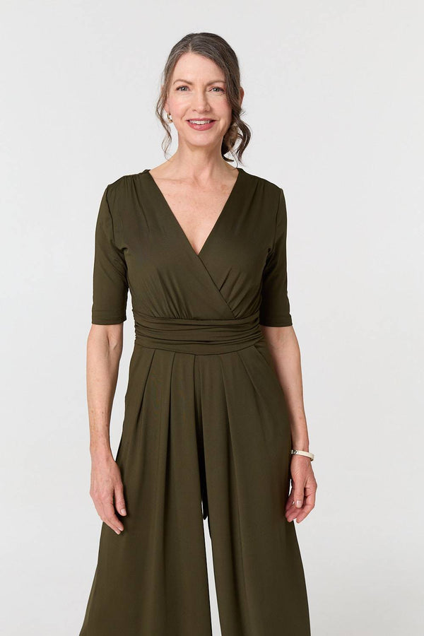 Khaki | 1/2 Sleeve Wrap Waist Wide Leg Jumpsuit
