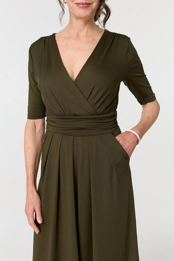 Khaki | 1/2 Sleeve Wrap Waist Wide Leg Jumpsuit
