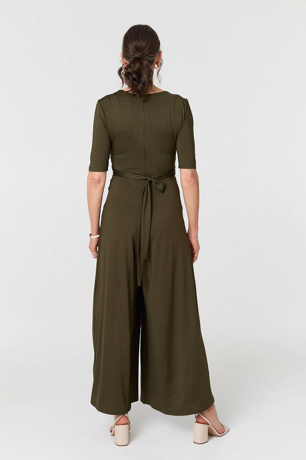 Khaki | 1/2 Sleeve Wrap Waist Wide Leg Jumpsuit
